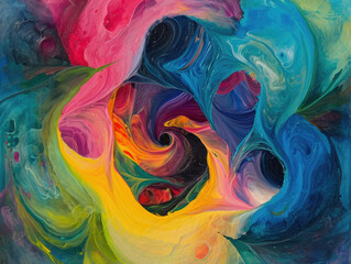 A swirling, vibrant blend of colors in an abstract painting.