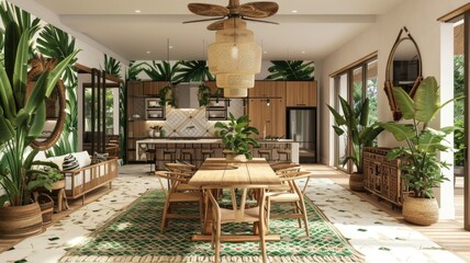 interior inspired by tropical vibes, featuring bold prints, greenery, and natural textures to create a vacation-like setting