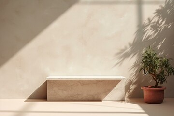 Shadow on wall with marble podium. Spring/summer vibes, minimal style. Generative AI