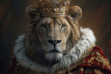a lion with a crown on his head and in a royal cape
