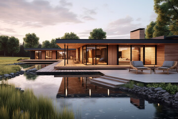 Fototapeta na wymiar Large modern cottage with large windows, terrace, pond, landscape design, scandinavian style