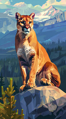 Sitting on a stone puma, cougar in front of a beautiful landscape, isometric style, geometrical design, cubism