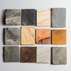 Thin samples of stone veneer showing its elasticity on a white background. Small pieces of stone for civil construction.
