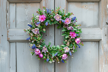 Fototapeta na wymiar Spring flower wreath hanging on a house wooden door. Fresh wild flowers and home decoration. Generative AI