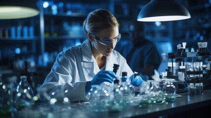 Medical worker, female scientist works in dark modern chemistry laboratory. Young woman chemist and...