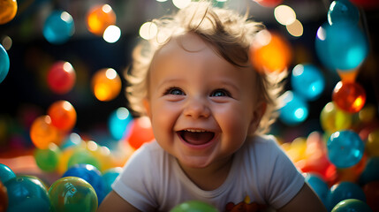 A close-up of a baby's expressive face as they engage with a baby mobile, capturing the fascination and wonder of early childhood in a high-definition image