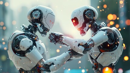Two robots are fighting on blur background. Fighting robots AI
