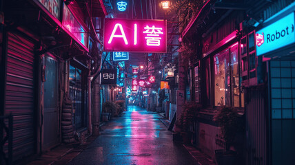 Cyberpunk city street at night, neon store signs of AI and Robot, dark grungy alley with buildings in low light. Concept of dystopia, shop, anime, industry and future - obrazy, fototapety, plakaty