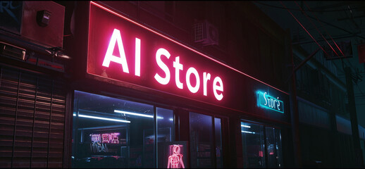 Neon sign of AI store in cyberpunk city street at night, dark alley with futuristic robot shop. Concept of dystopia, shop, technology, light, industry and future
