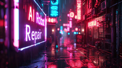 Cyberpunk city street at night, dark alley with neon store sign of AI Robot Repair. Gloomy grungy futuristic buildings in rain. Concept of dystopia, shop, industry and future