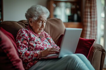 Woman Sitting on Couch Using Laptop Computer