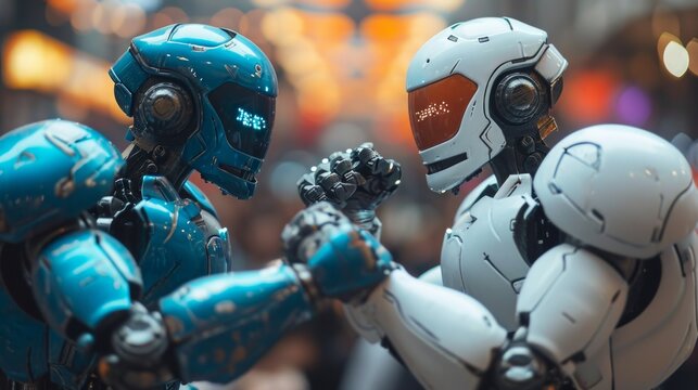 Two robots are fighting on blur background. Fighting robots AI