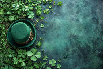 St. Patrick's Day background with leprechaun hat and clover leaves. Generative AI