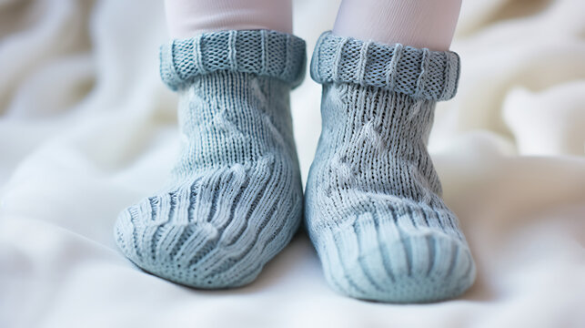 A close-up of a baby's tiny feet in cute socks, showcasing the innocence and charm of infancy in a simple yet heartwarming high-definition image