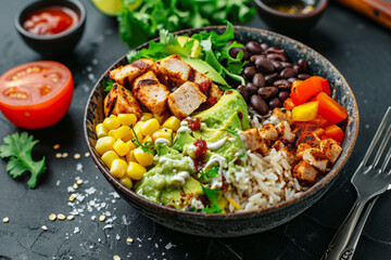 Mexican chicken burrito bowl with beans, tomato, avocado, corn and lettuce. Generative AI - Powered by Adobe