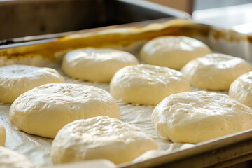 Fototapeta premium Raw yeast dough balls in tray before baking. Concept home baking bread. Generative AI