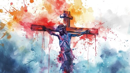 illustration of Jesus crucified on the cross with white background - obrazy, fototapety, plakaty