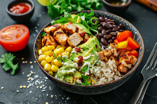 Mexican chicken burrito bowl with beans, tomato, avocado, corn and lettuce. Generative AI