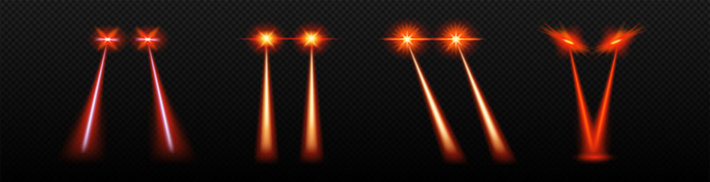 Laser beams from eyes set. Dangerous red light ferocious halloween evil and robot monsters with devil rays scary vector creatures