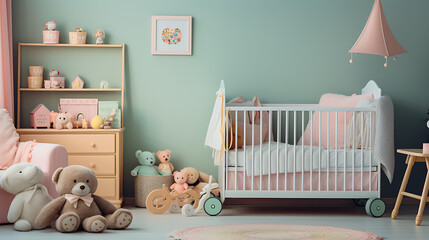  A cozy nursery room with soft pastel colors, featuring a crib adorned with adorable baby toys and...