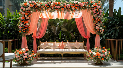 Wedding Ceremony Stage Decoration Background with Sofa and Flowers in Indian Pakistani Traditional Luxury Elegant Style