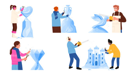 Making ice sculptures in winter set. Sculptors holding chisel and hammer, chainsaw to make figures of bird and heart, diamond and jug, building blue crystal fortress cartoon vector illustration