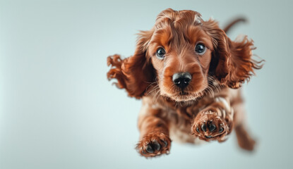 Playful puppy, dog running, happy cocker spaniel playing isolated on blue background. Concept of  animal life, health, show, breed of dog. space for text