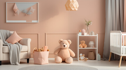  A cozy nursery room with soft pastel colors, featuring a crib adorned with adorable baby toys and a gentle mobile overhead, captured in high definition