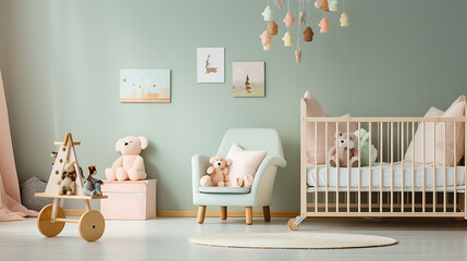  A cozy nursery room with soft pastel colors, featuring a crib adorned with adorable baby toys and...