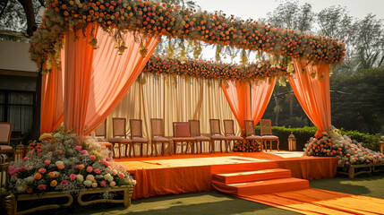 Wedding Ceremony Stage Decoration Background with Sofa and Flowers in Indian Pakistani Traditional Luxury Elegant Style - obrazy, fototapety, plakaty