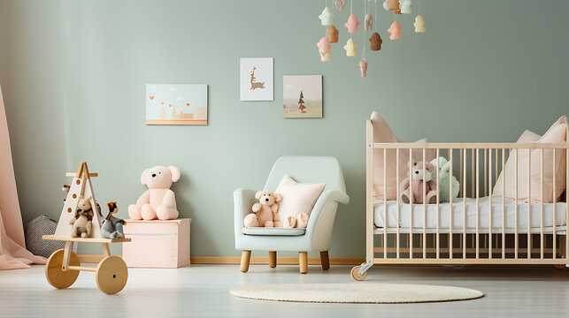  A Cozy Nursery Room With Soft Pastel Colors, Featuring A Crib Adorned With Adorable Baby Toys And A Gentle Mobile Overhead, Captured In High Definition