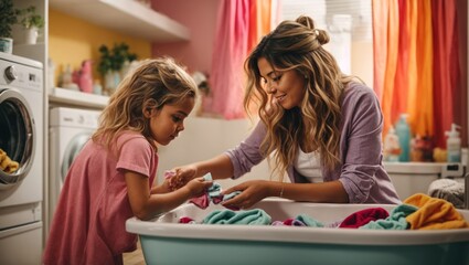 Family doing laundry together at home