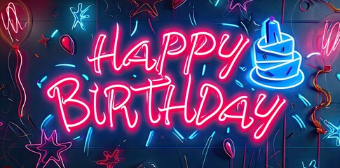 happy birthday with cake and happy day neon print Generative AI