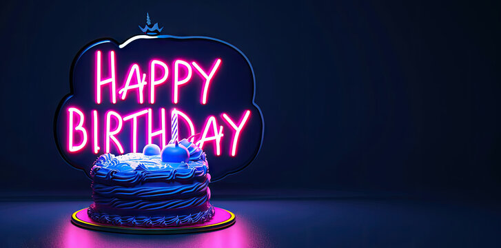 neon happy birthday cake banner Generative AI
