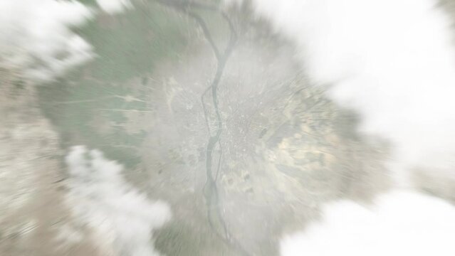 Earth zoom in from space to Cairo, Egypt. Followed by zoom out through clouds and atmosphere into space. Satellite view. Travel intro. Images from NASA