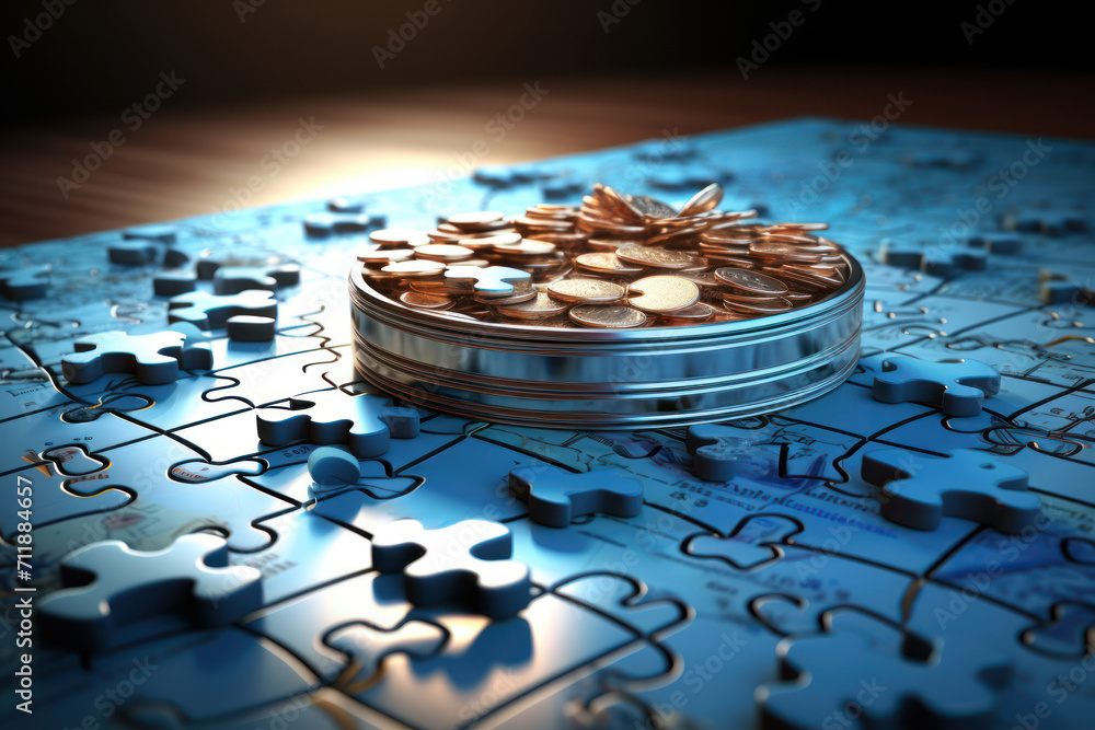 Aufkleber an imaginative illustration of a financial puzzle coming together to form a picture of a secure futu