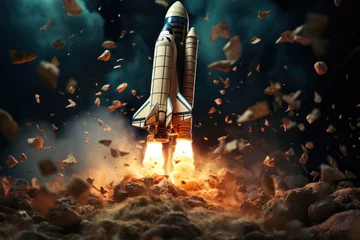 Fotobehang A dynamic visual featuring a rocket soaring through a financial galaxy, representing the upward trajectory of investments and the limitless possibilities of financial growth.  Generative Ai. © Sebastian