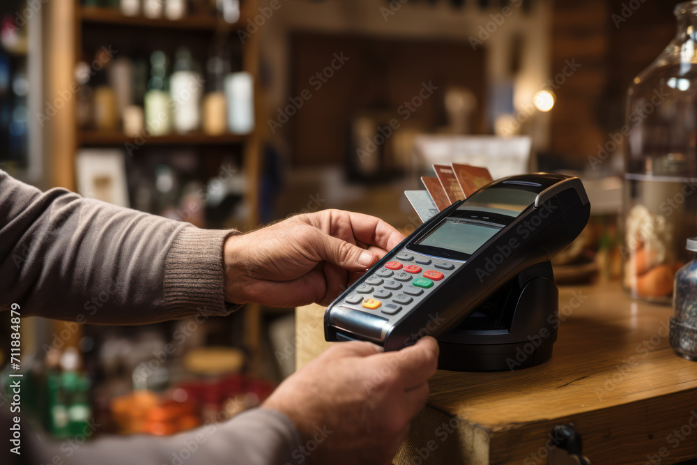 Poster an image of a shopper completing a purchase at a pop-up bookshop using a digital payment app, showca