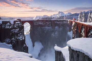 Snowy landscape at sunset. Generative AI.