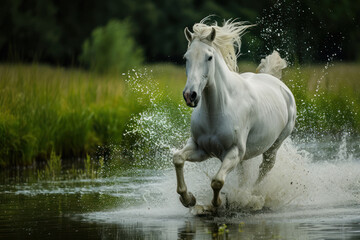 Obraz na płótnie Canvas White horse running through water