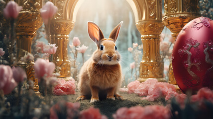 The Easter bunny is in the fairy tale castle - obrazy, fototapety, plakaty