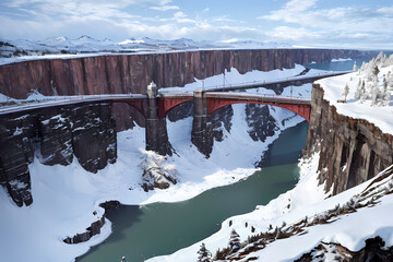 The area around the bridge was covered in snow. Generative AI.