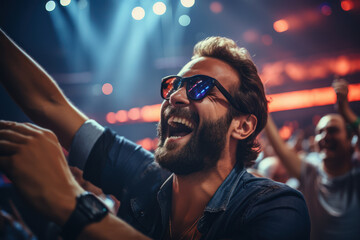 An exhilarating photo capturing a music enthusiast attending a live concert, illustrating the joy...