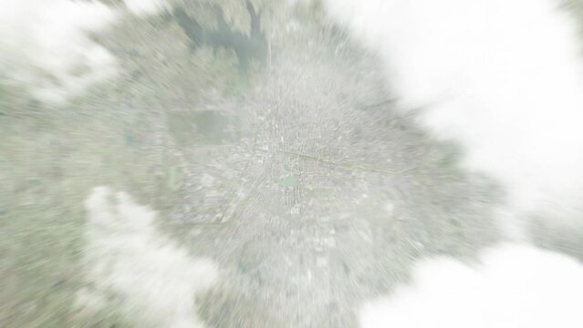 Earth zoom in from space to Hefei, China. Followed by zoom out through clouds and atmosphere into space. Satellite view. Travel intro. Images from NASA