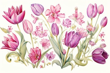 Obraz na płótnie Canvas Watercolor depiction of magenta tulips, featuring various elements such as frames, wreaths, and borders. Represents a spring floral ornament. Generative AI