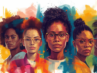 Fototapeta premium Black History Month colourful abstract illustration of Diverse representations of African-American woman across different fields like science, sports, literature, and business