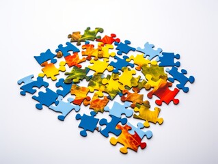 Colorful jigsaw puzzle pieces on white background, business solution concept