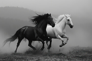 Obraz na płótnie Canvas White and black horse run gallop