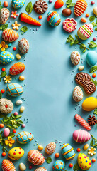 Easter frame from sweet chocolate treats for Easter on light blue background