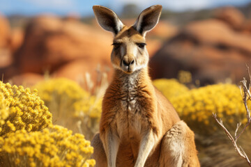 Captivating portrayal of the red kangaroo as an emblem of Australia, set against a backdrop that reflects the country's diverse landscapes and captures the essence of national pride. Generative Ai.